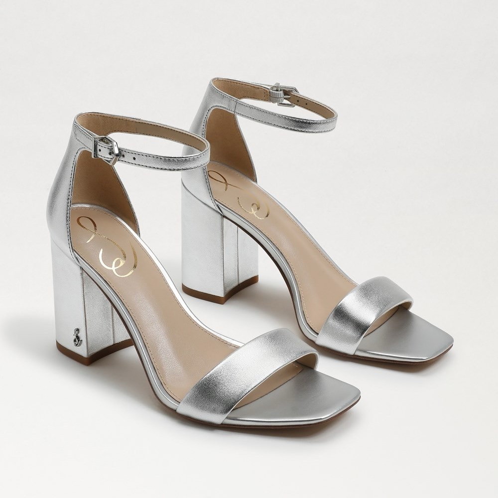Sam Edelman Daniella Block Heel Sandal in Silver Metallic Leather, Size 7